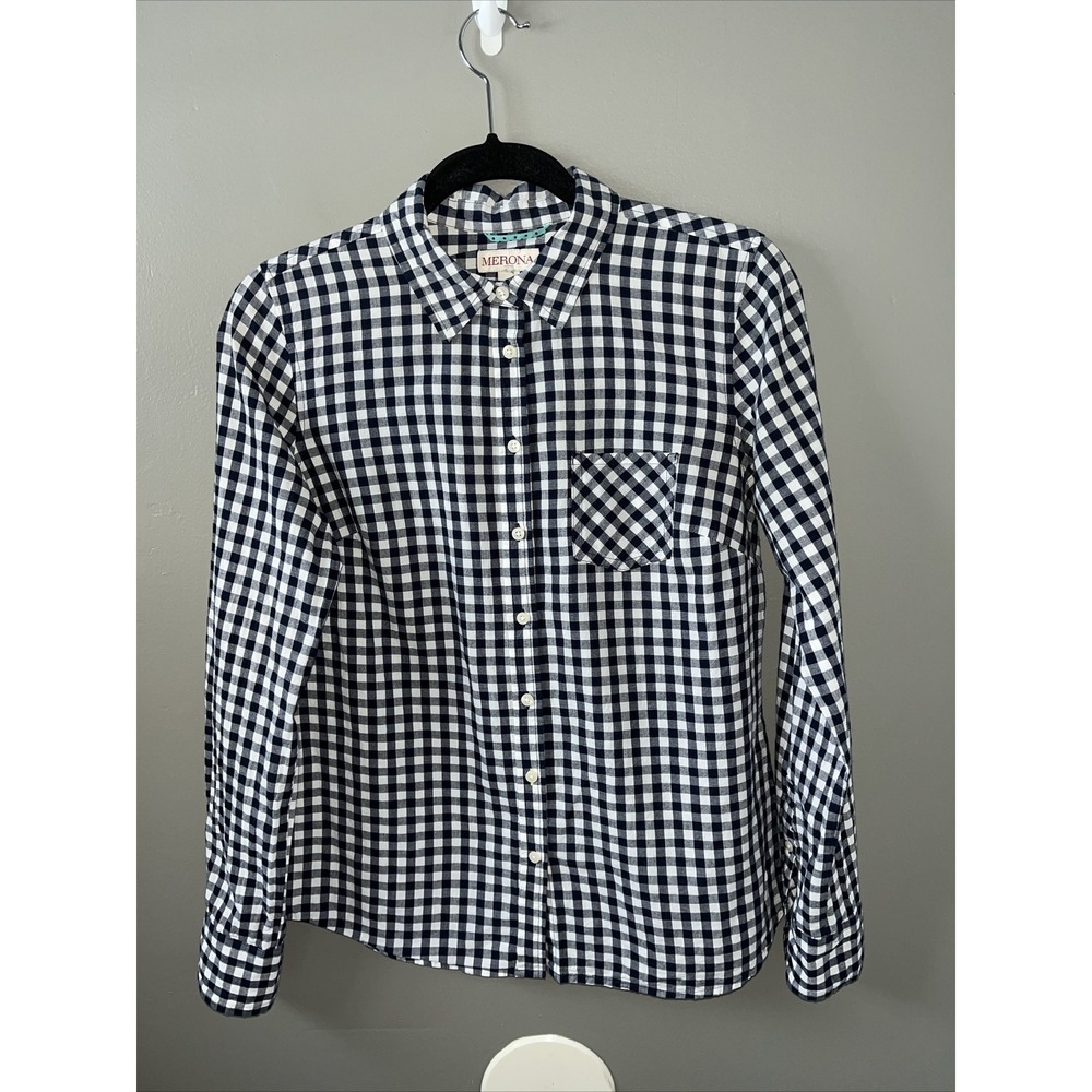 Merona Button-Down Shirt Womens S Long Sleeve Blue Gingham 100% Cotton
